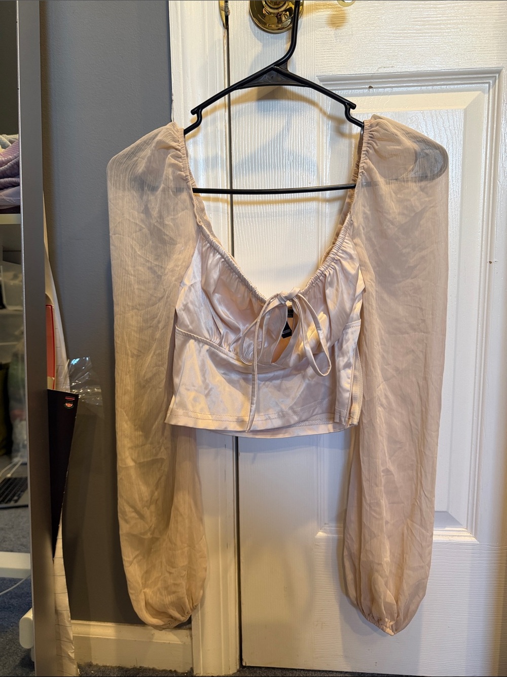 Windsor Sheer Blouson Sleeve Satin Tie-Front Crop Top - Blush